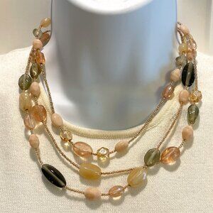 EUC 3-Strand Acrylic Bead Necklace, Pink-Peach-Gray-Ivory, 16" L + 4" Extender
